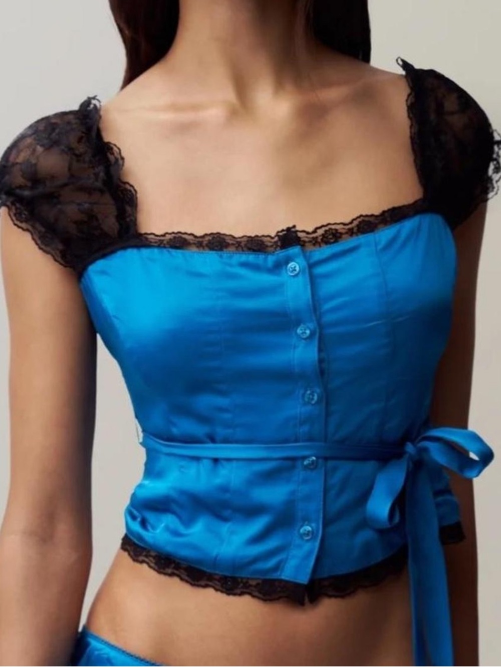 Danielle Guizio - Satin Blue Lace Trim Button-Front Crop Top